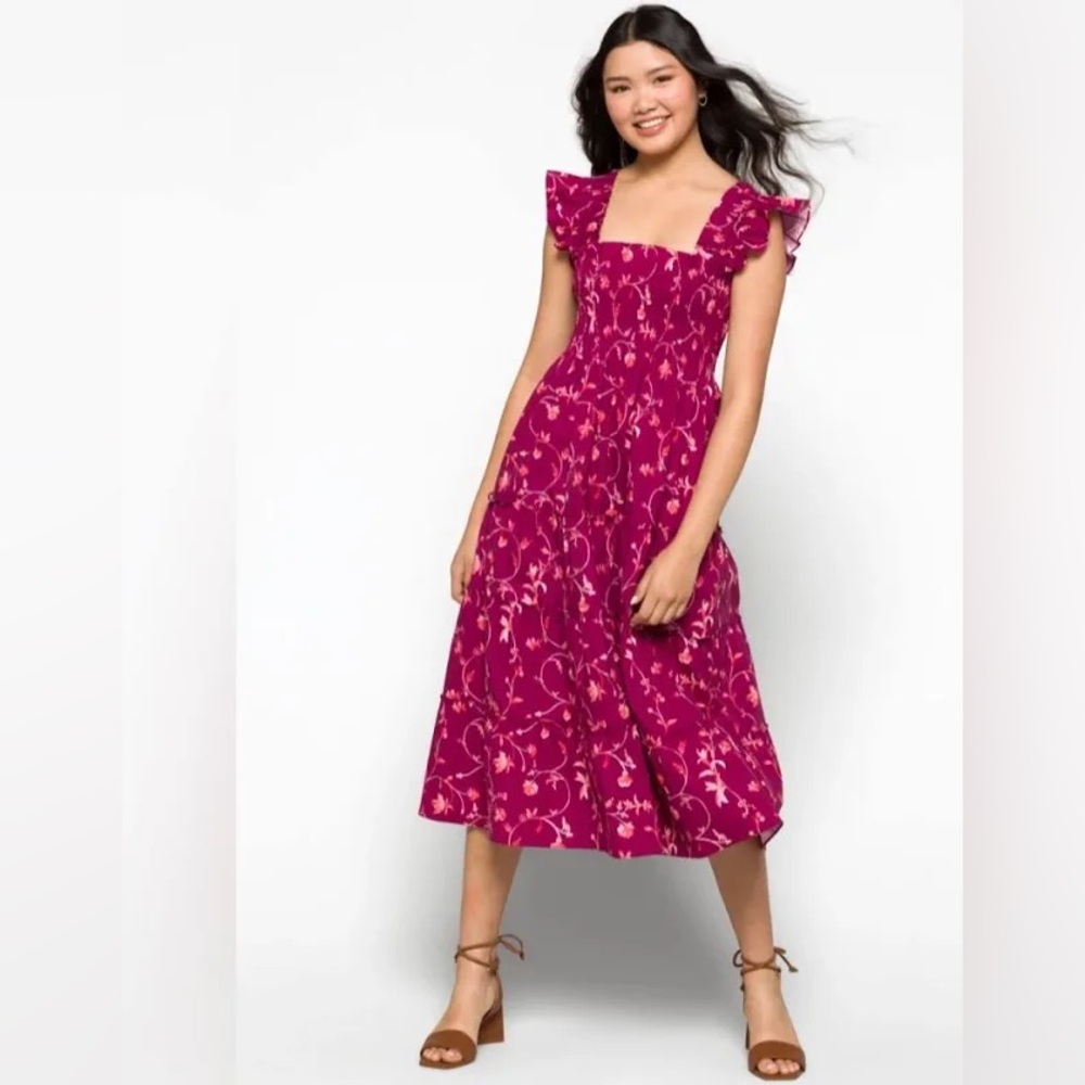 Hill House Ellie Nap Dress in maroon patterned poplin size small